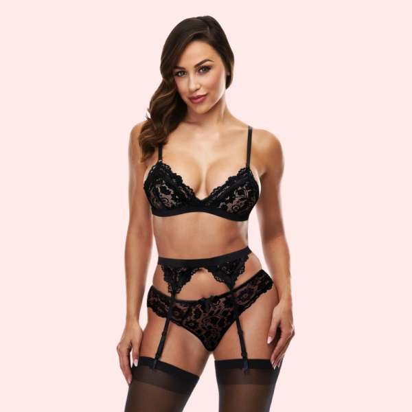 Exotic black lace bra set with garter belt - Image 2