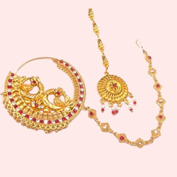 Garhwali Gold Plated Bridal Nose Ring with Chain - Image 2