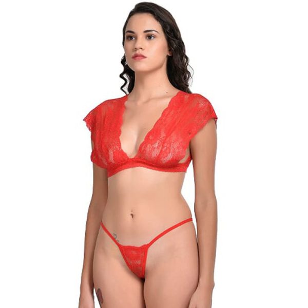 Very Sexy Red Lace Bra G-String Set - Image 2